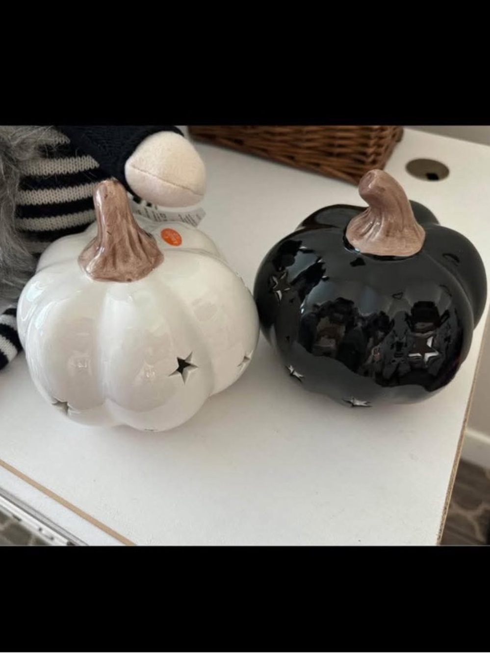 Glossy Black and White Ceramic Pumpkin Pair with Metallic Stems